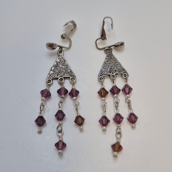 Silver-tone chandelier purple brown beaded dangle bohemian clip-on earrings - Picture 2 of 7